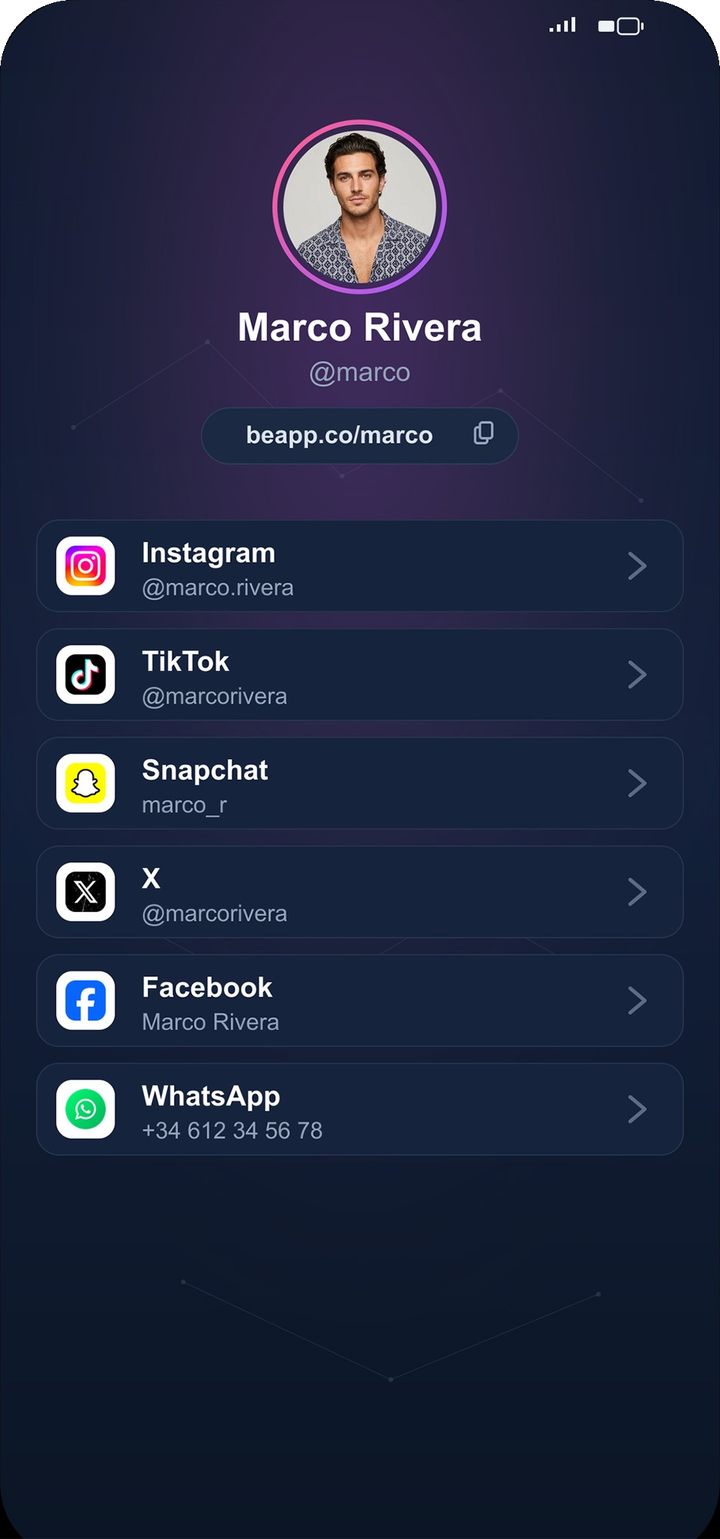 A public BeApp page at beapp.co/marco with links to every social